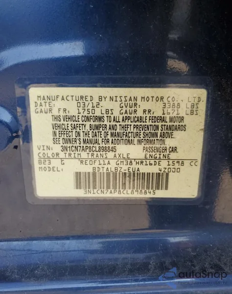 2012 Nissan Versa S z USA, uszkodzony, nr VIN 3N1CN7AP8CL898845